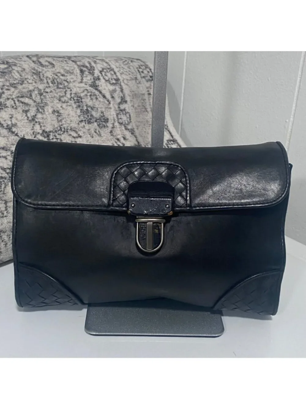 Bottega Veneta Intrecciato Leather Pouchette Clutch Wristlet in Black